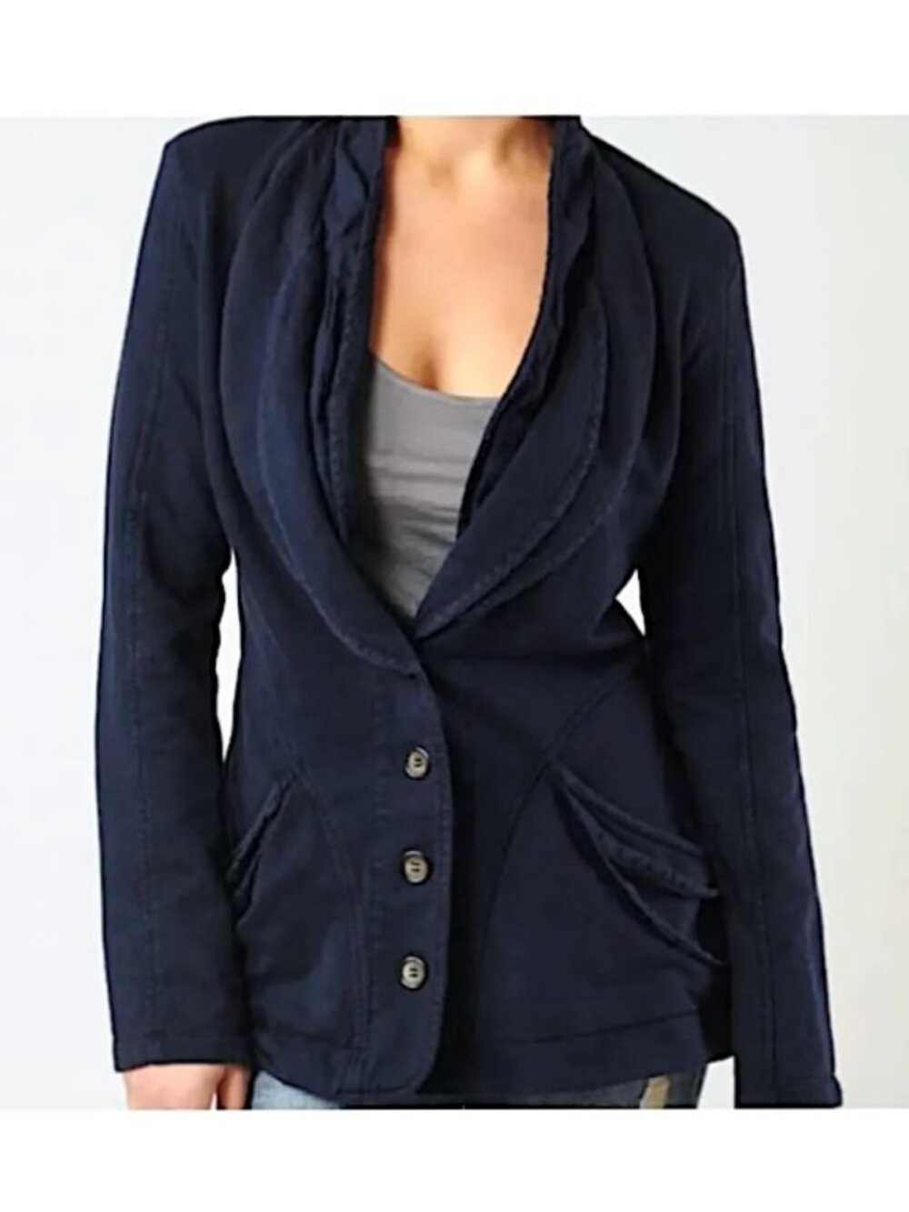 Prairie Underground Petal Lapel Blazer Jacket Organic Cotton Size L Navy Blue